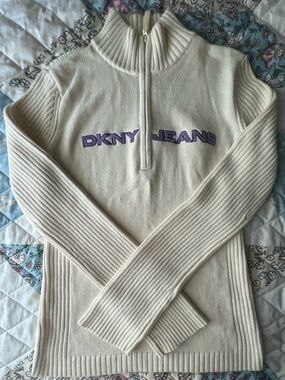 DKNY Cream Ribbed Half-Zip Sweater with Purple Logo